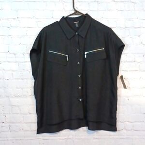 Chicos Womans Black Silky Zipper Accents Blouse sz‎ 2 L NWT